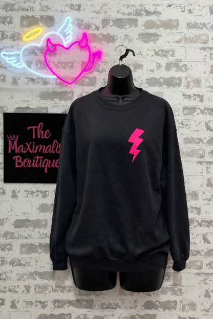 Leopard Lightning Sweatshirt – Black Pullover with Neon Pink & Animal Print Bolt
