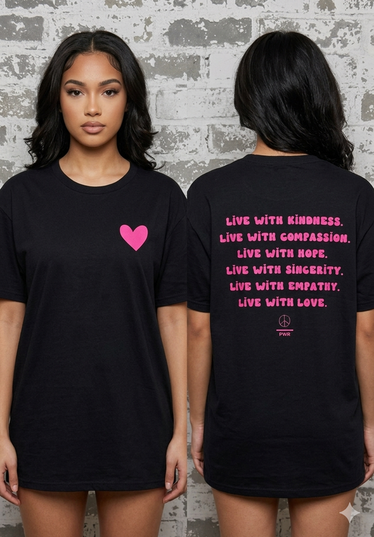Black t-shirt with pink heart and motivational quote on a textured wall background