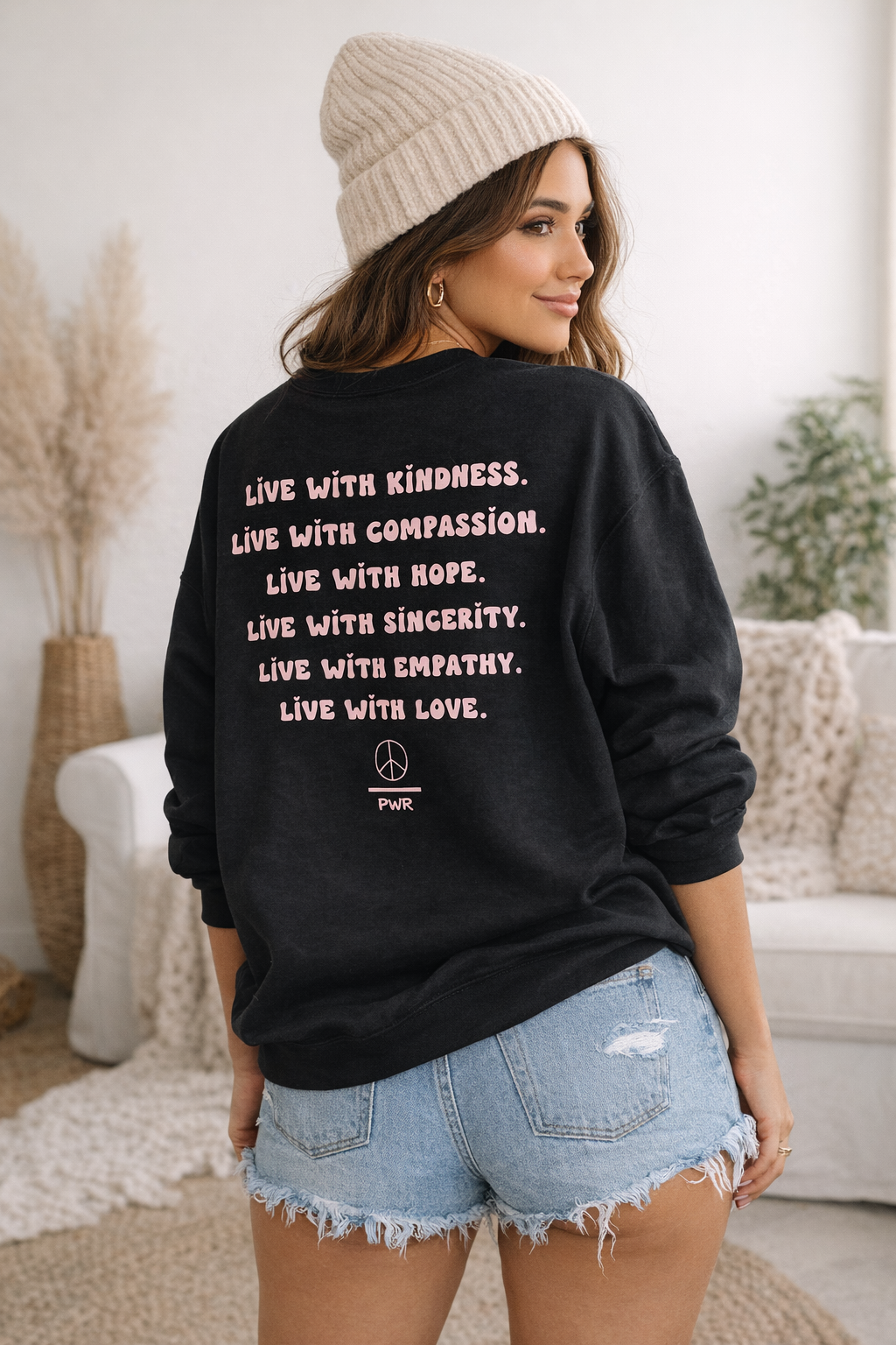Live With Love Sweatshirt – Black Pullover with Inspirational Quote & Peace Over Power Logo
