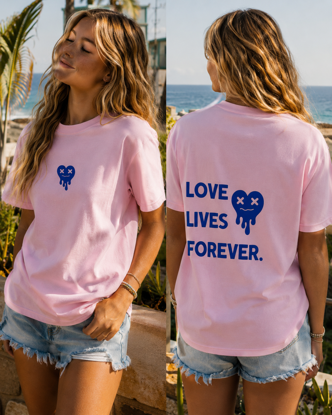 Woman wearing a pink t-shirt with a blue graphic and text by the ocean.