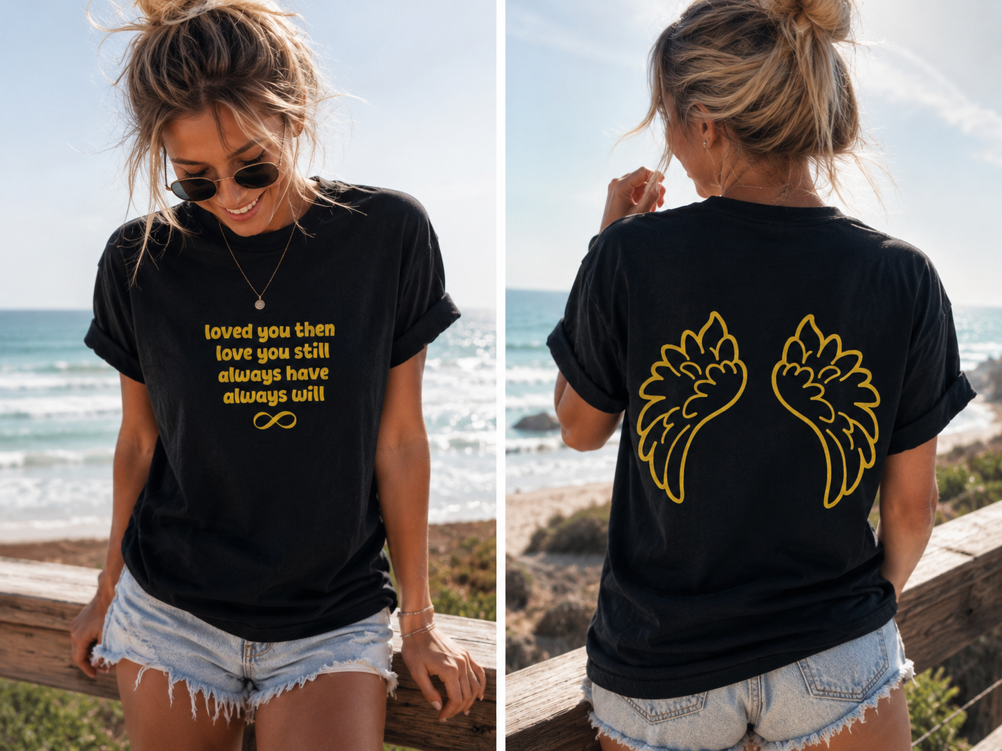 Woman wearing a black t-shirt with gold text and design, standing by the ocean.