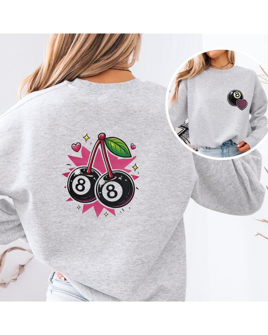 Gray sweatshirt with cherry and number 8 design on the back, worn by a person.