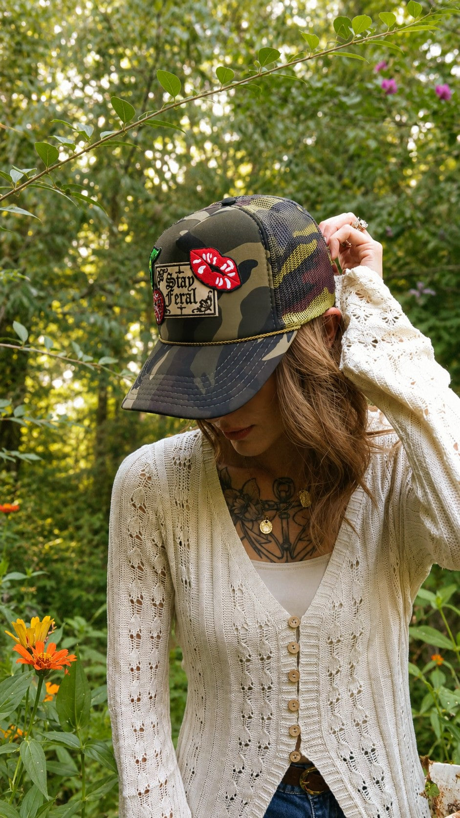 Stay Feral Camo Trucker Hat – Cherry & Lips Graphic Hat