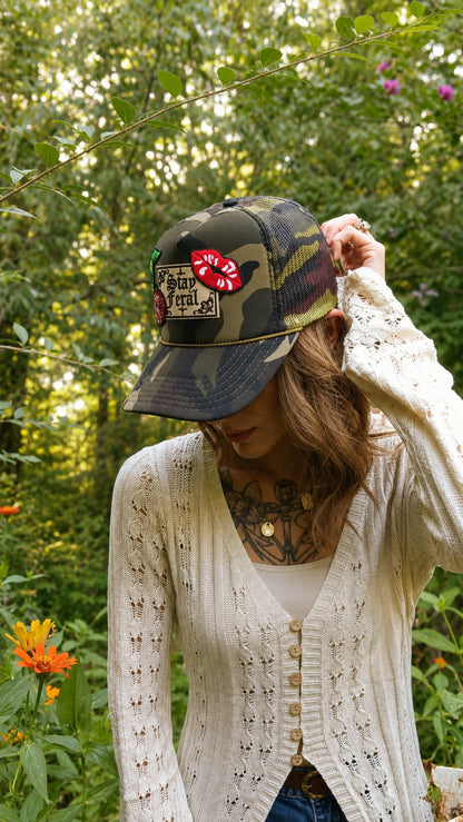 Stay Feral Camo Trucker Hat – Cherry & Lips Graphic Hat