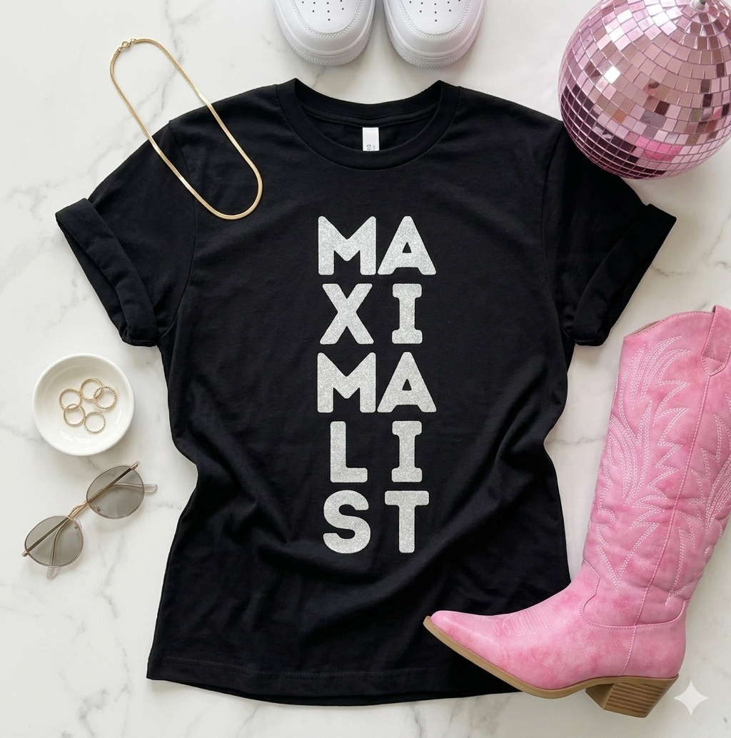 Black t-shirt with 'MAXIMALIST' text on a white surface with pink boots and disco ball.