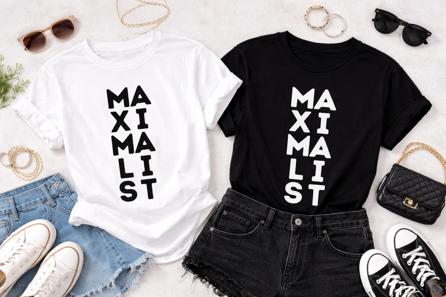 Two t-shirts with 'MAXIMALIST' text on a casual outfit background.