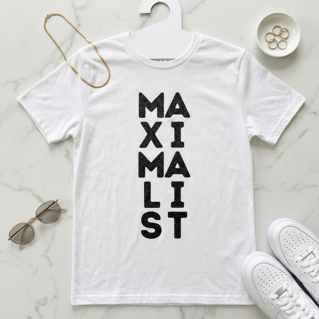 White t-shirt with 'MAXIMALIST' text on a marble surface with sunglasses and shoes.