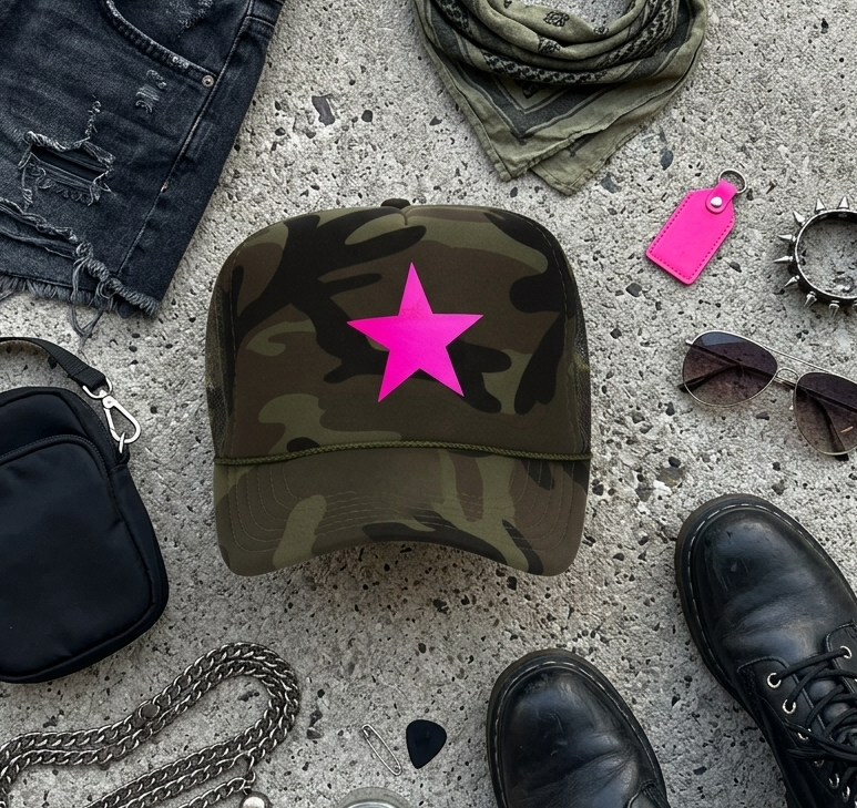 Camouflage cap with pink star on a concrete surface with accessories around