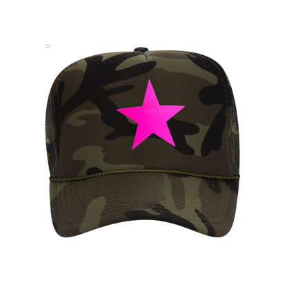 Camouflage cap with a pink star on a white background