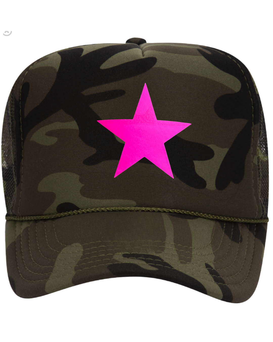 A camouflage trucker hat with a bright pink star graphic on the front panel, shown against a plain white background.