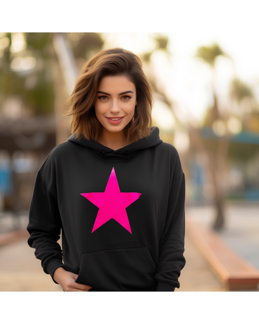 Neon Pink Star Hoodie – Black Pullover with Bold Graphic for Bright, Cozy Style