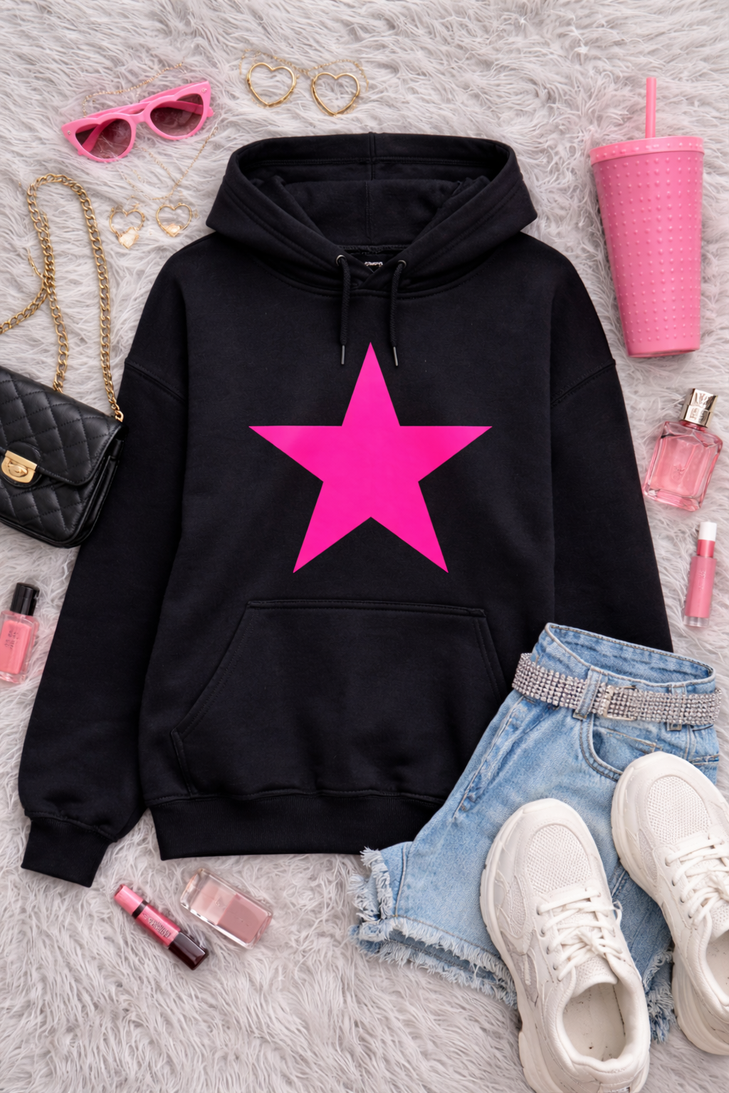 Neon Pink Star Hoodie – Black Pullover with Bold Graphic for Bright, Cozy Style