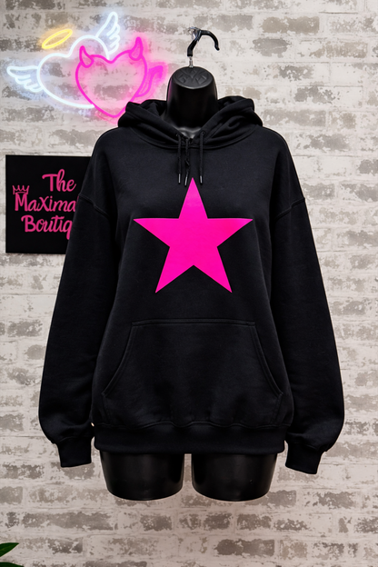 Neon Pink Star Hoodie – Black Pullover with Bold Graphic for Bright, Cozy Style