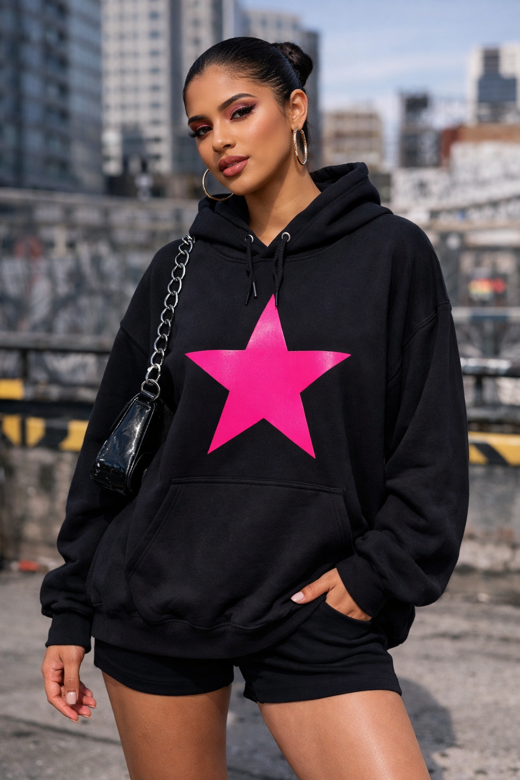 Neon Pink Star Hoodie – Black Pullover with Bold Graphic for Bright, Cozy Style