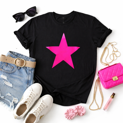 Neon Star Tee -  Black T-Shirt with Neon Pink Glow-in-the-Dark Star Graphic