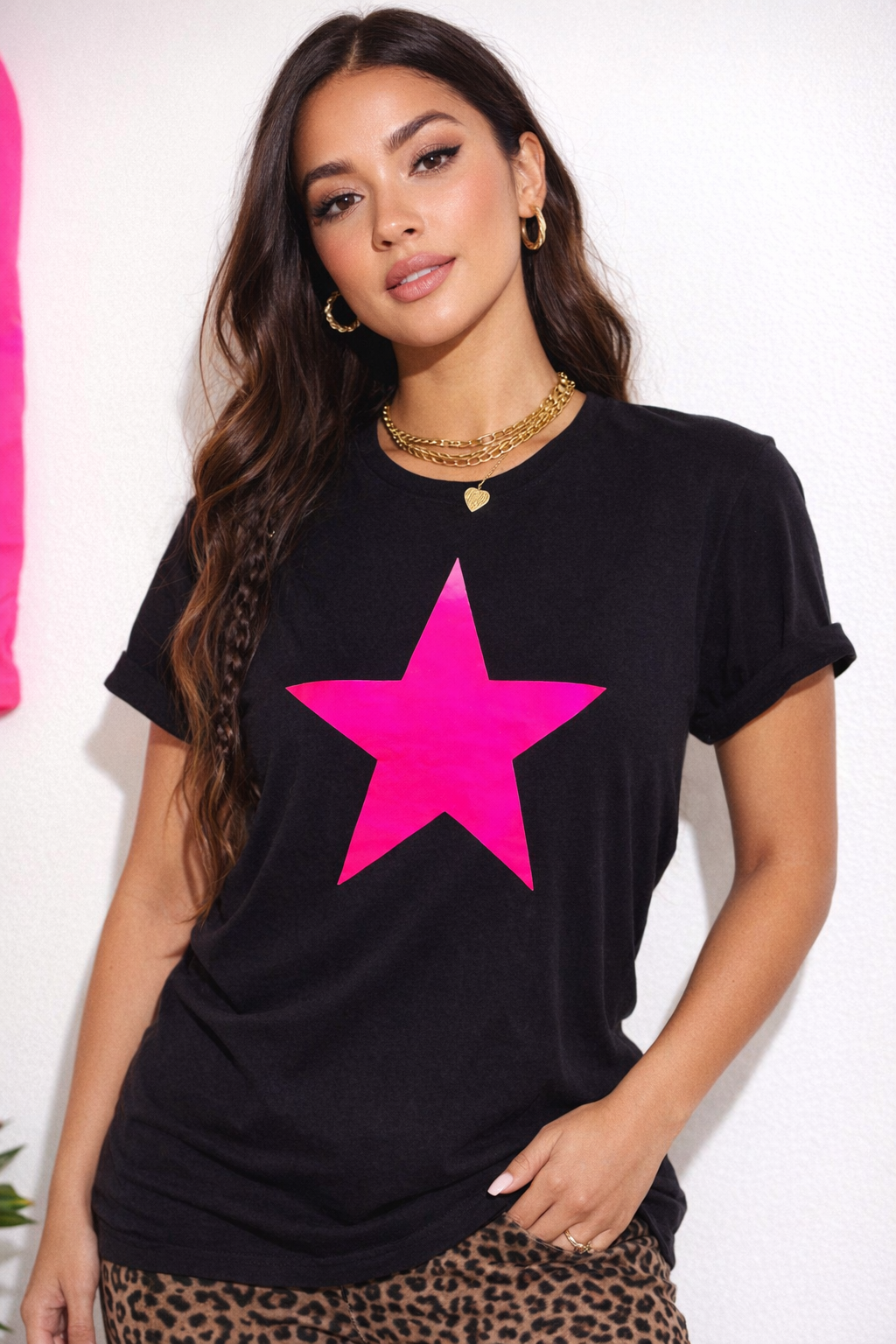 Neon Star Tee -  Black T-Shirt with Neon Pink Glow-in-the-Dark Star Graphic