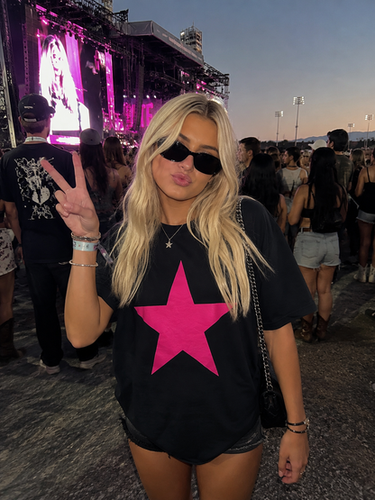 Neon Star Tee -  Black T-Shirt with Neon Pink Glow-in-the-Dark Star Graphic
