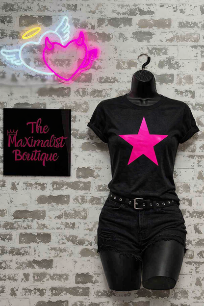 Neon Star Tee -  Black T-Shirt with Neon Pink Glow-in-the-Dark Star Graphic
