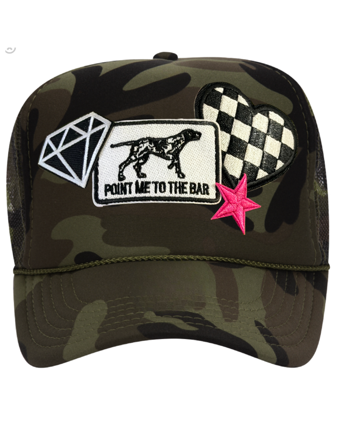 Camouflage cap with various patches including a diamond, dog, and star on a white background