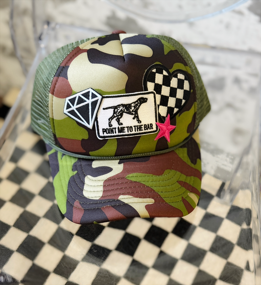 Night Out Trucker Hat – Camo Patch Hat with Pointer Dog | The Maximalist Boutique