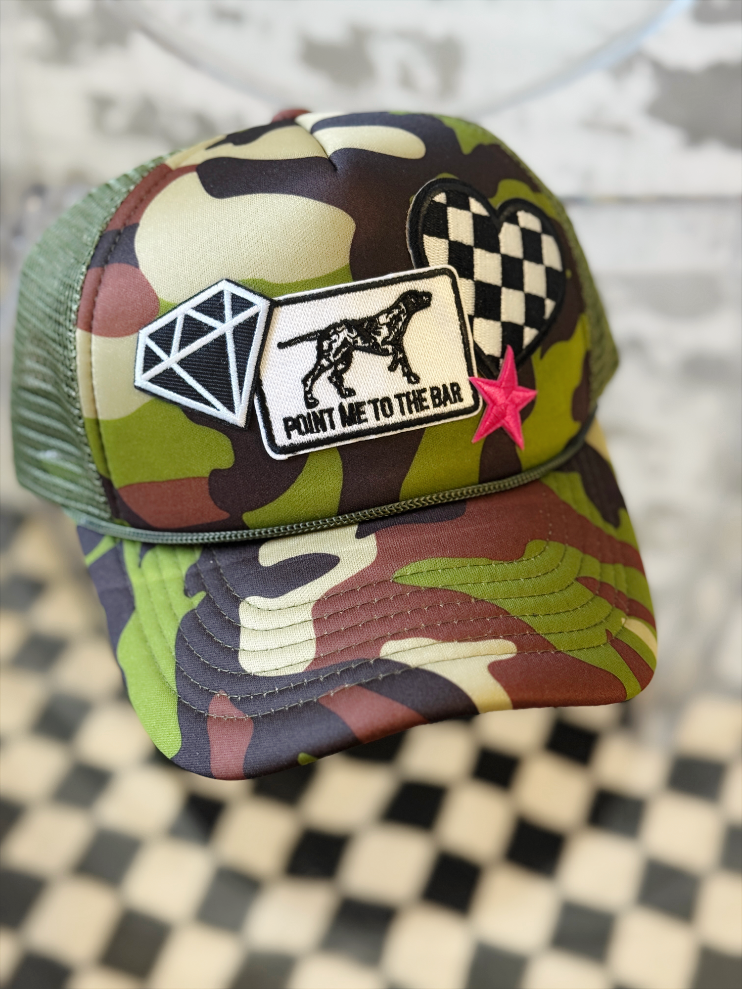 Night Out Trucker Hat – Camo Patch Hat with Pointer Dog | The Maximalist Boutique