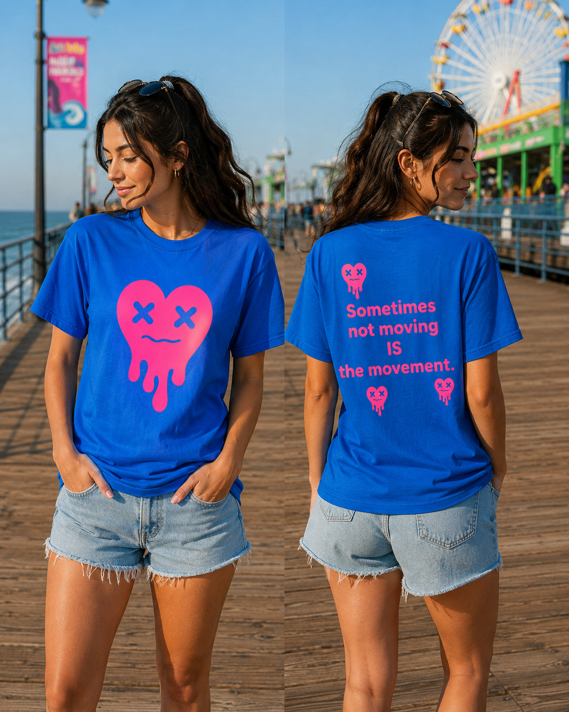 Two women wearing blue t-shirts with pink graphics and text on a pier.