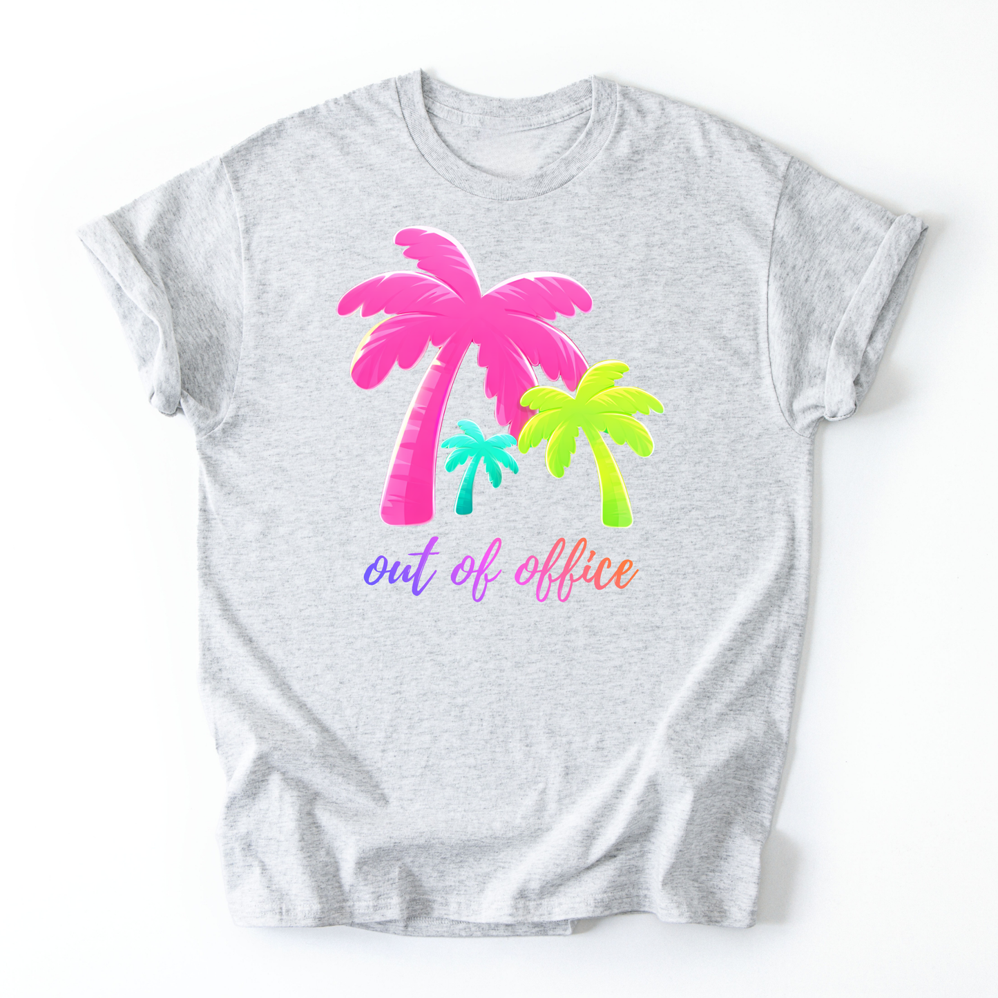 Gray t-shirt with colorful palm trees and 'out of office' text on a white background