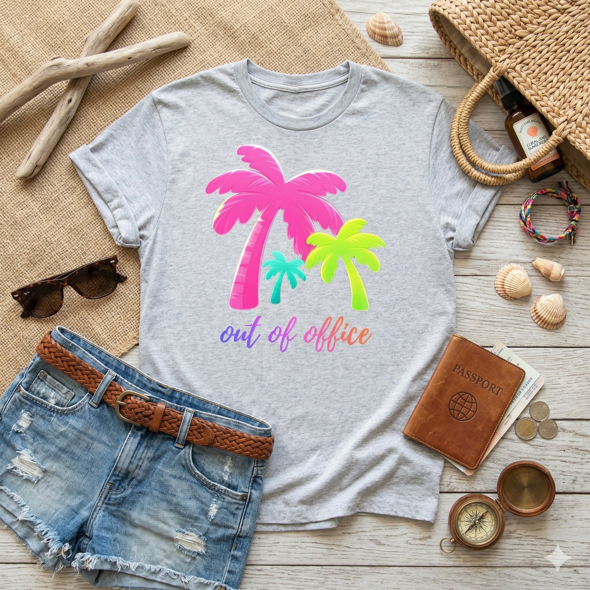 Gray t-shirt with palm tree design and 'out of office' text, surrounded by beach accessories on a wooden surface.