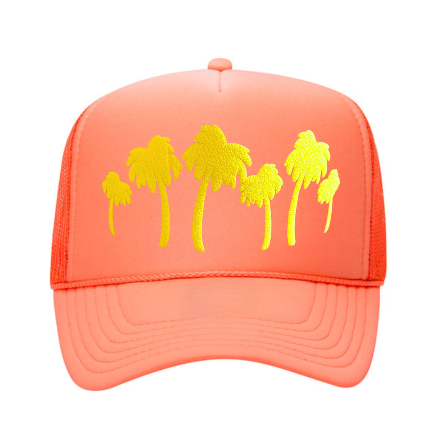 Orange cap with yellow palm tree designs on a white background