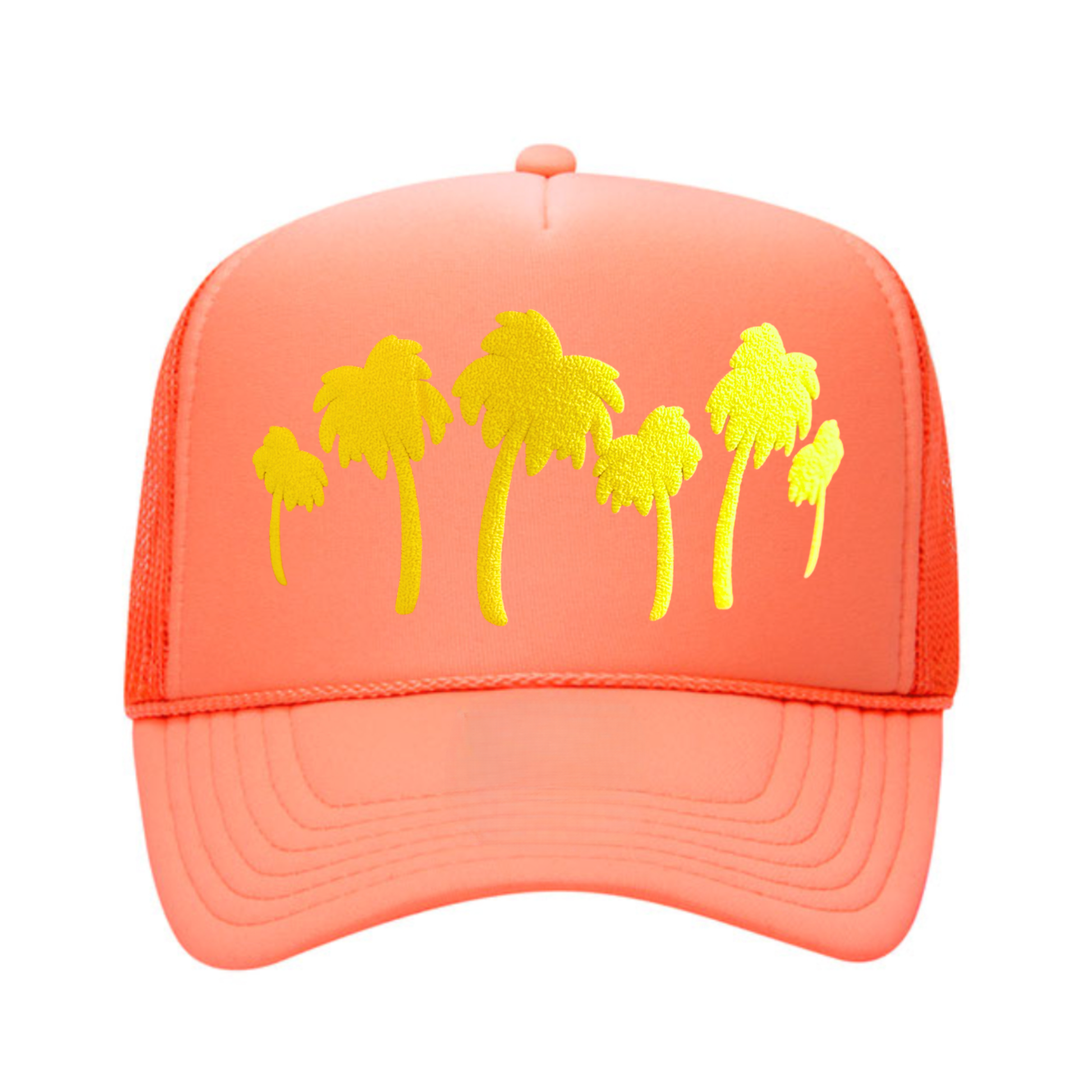 Orange cap with yellow palm tree designs on a white background