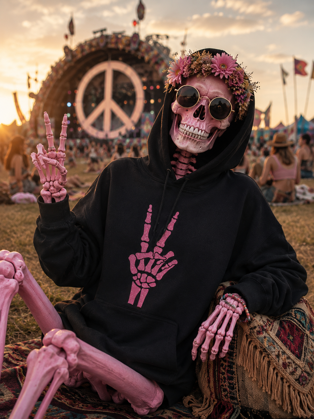 Pink Skeleton Wearing a black hoodie with a pink skelton hand peace sign 
