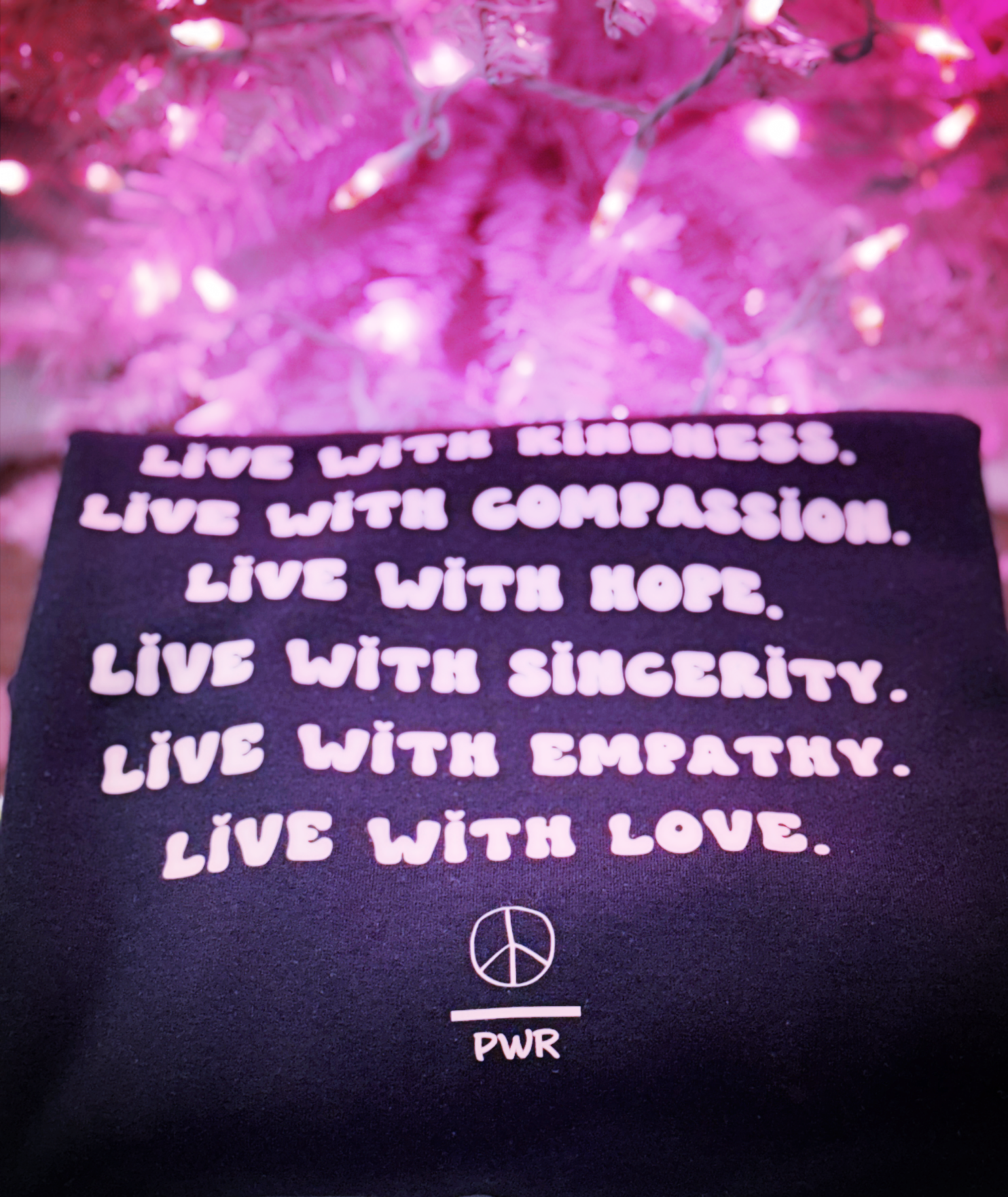 Power of Love | Black Sweatshirt with Light Pink Graphic & Peace Over Power Logo