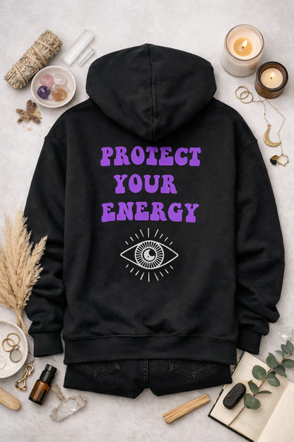 a black hoodie with Protect Your energy graphic on back 