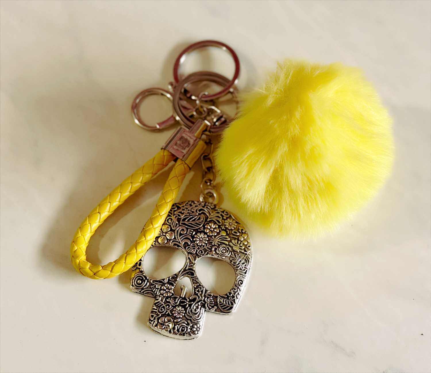 Punk Meets Playful | Silver Skull Keychain with Yellow Faux Fur Puff & Wristband