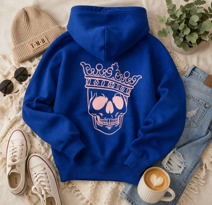 Reign Supreme Hoodie – Royal Blue Pullover with Pink Crowned Skull Graphic