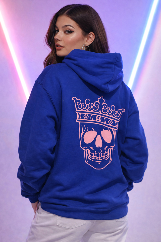 Reign Supreme Hoodie – Royal Blue Pullover with Pink Crowned Skull Graphic