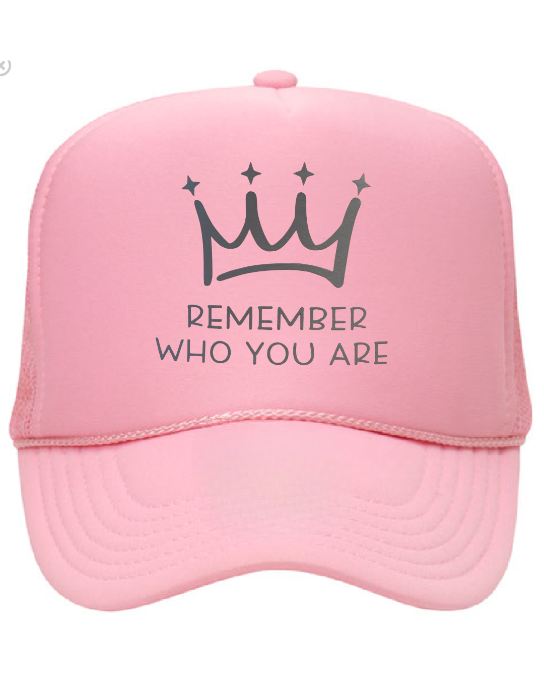 Pink cap with a crown and text design on a white background