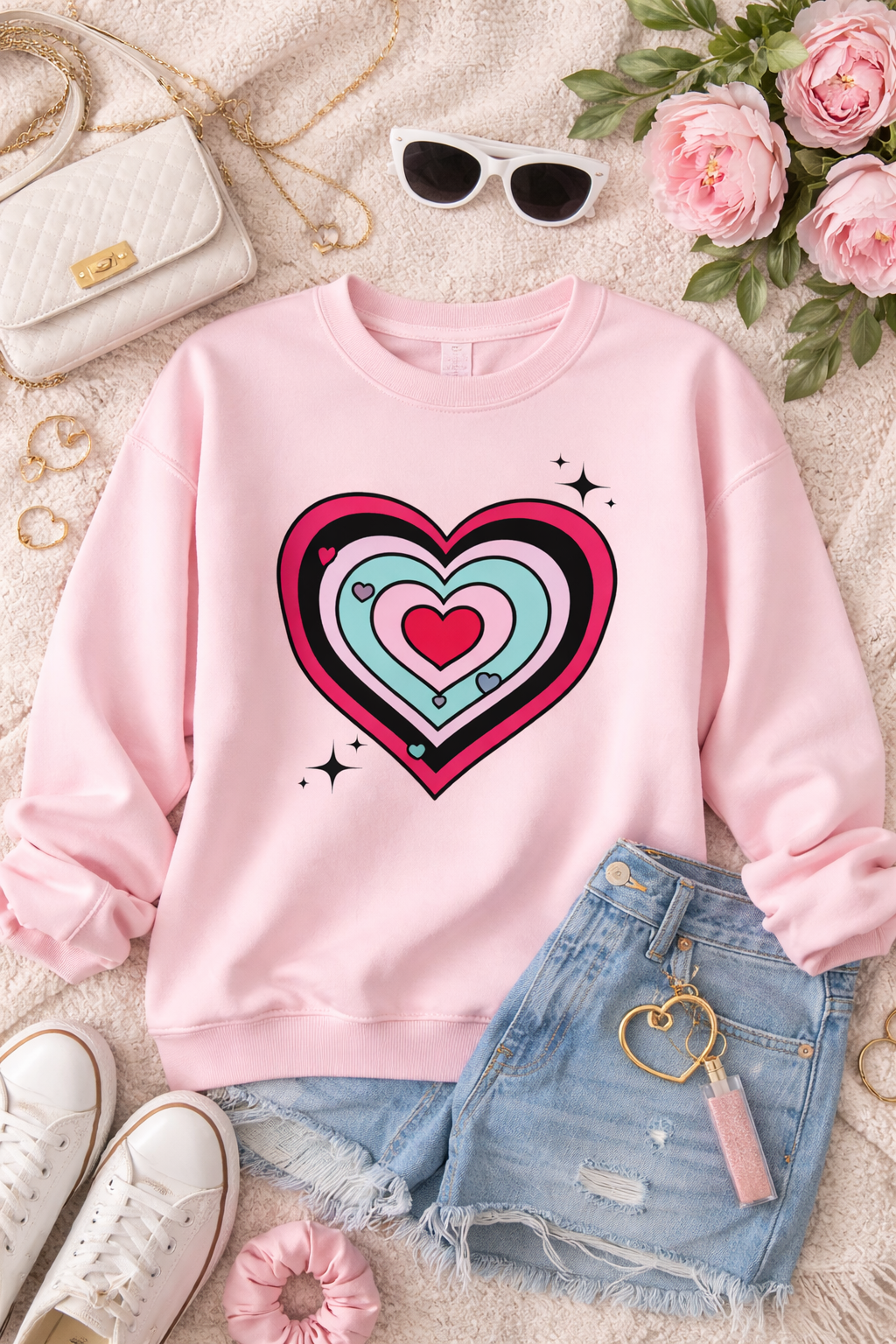 Retro Layered Heart Pink Sweatshirt