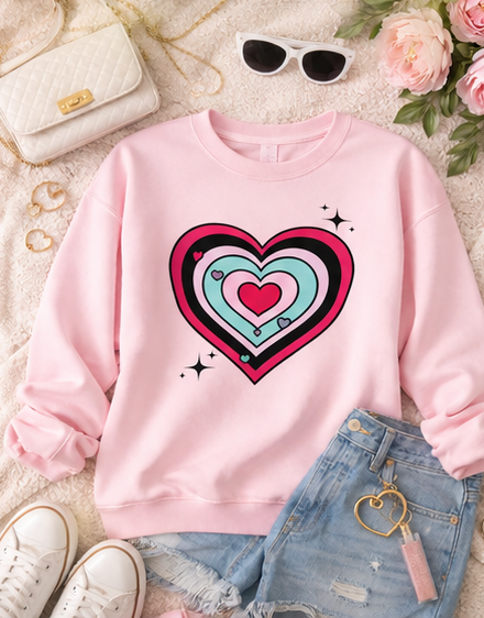 A pink crewneck sweatshirt with a large multi-colored heart graphic on the front, styled in a flat lay with light blue denim shorts, white sneakers, a quilted cream clutch, sunglasses, and pink flowers on a textured beige rug.