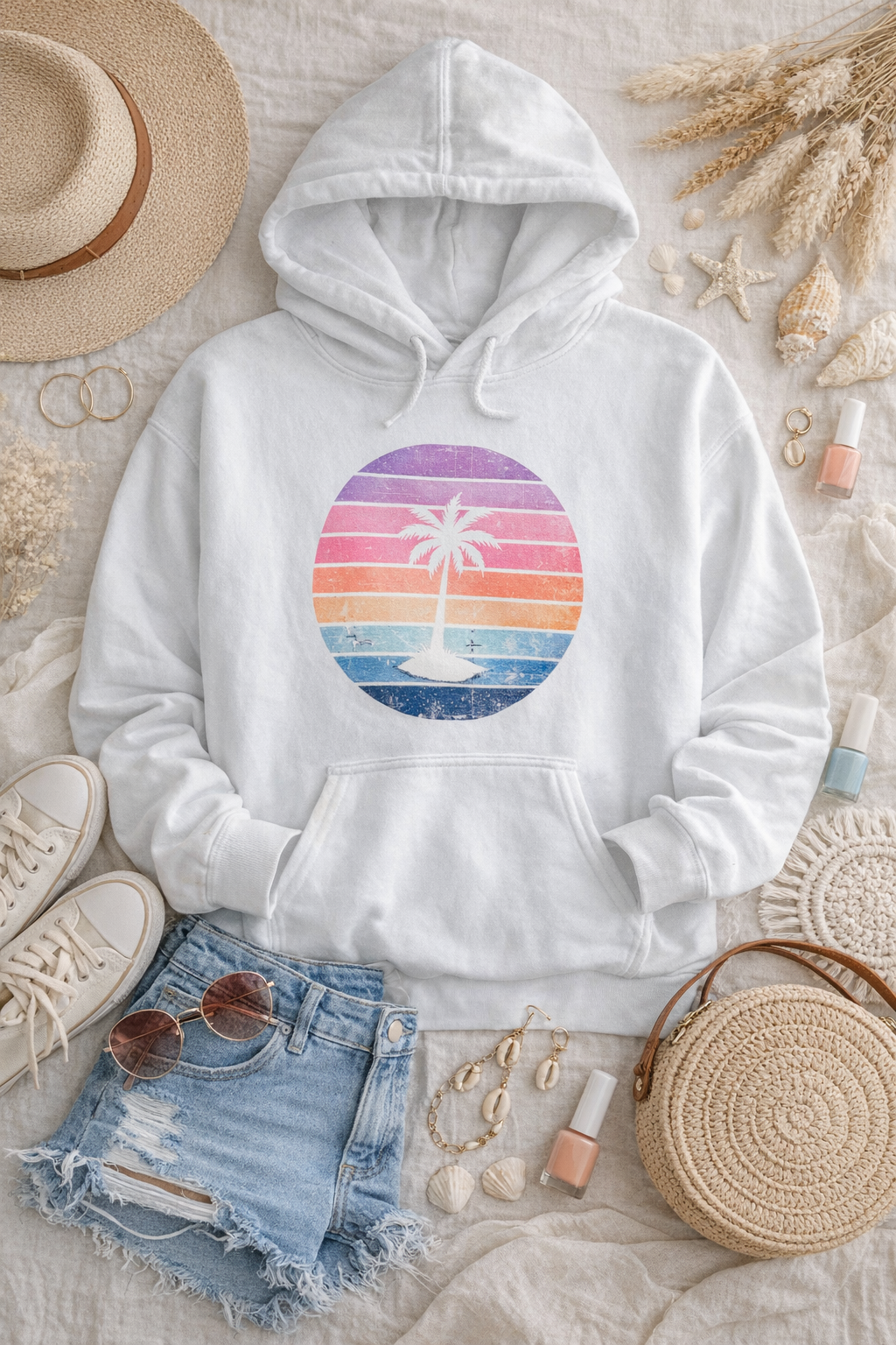 White hoodie with a colorful palm tree design, paired with denim shorts, sunglasses, and a straw bag on a textured surface.