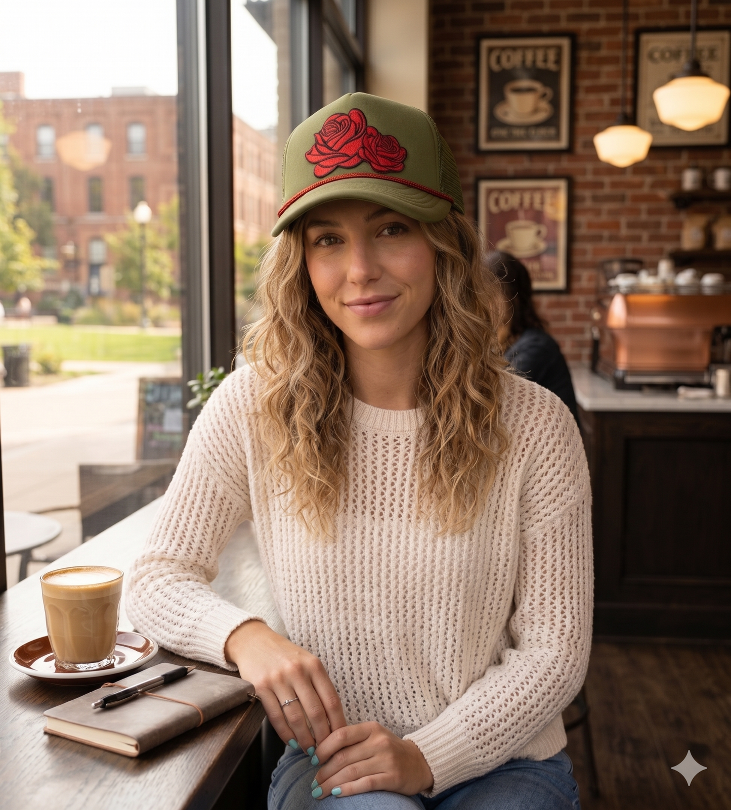 Woman sitting at a table in a coffee shop wearing a green cap with a red rose design.