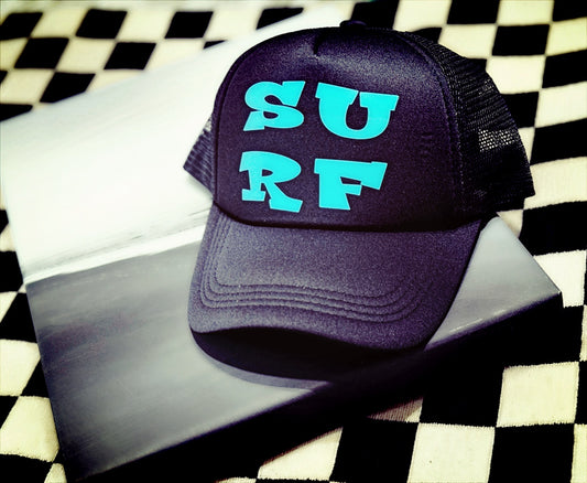 SURF Trucker Hat – Black Hat with Bold Blue SURF Graphic for Coastal Style
