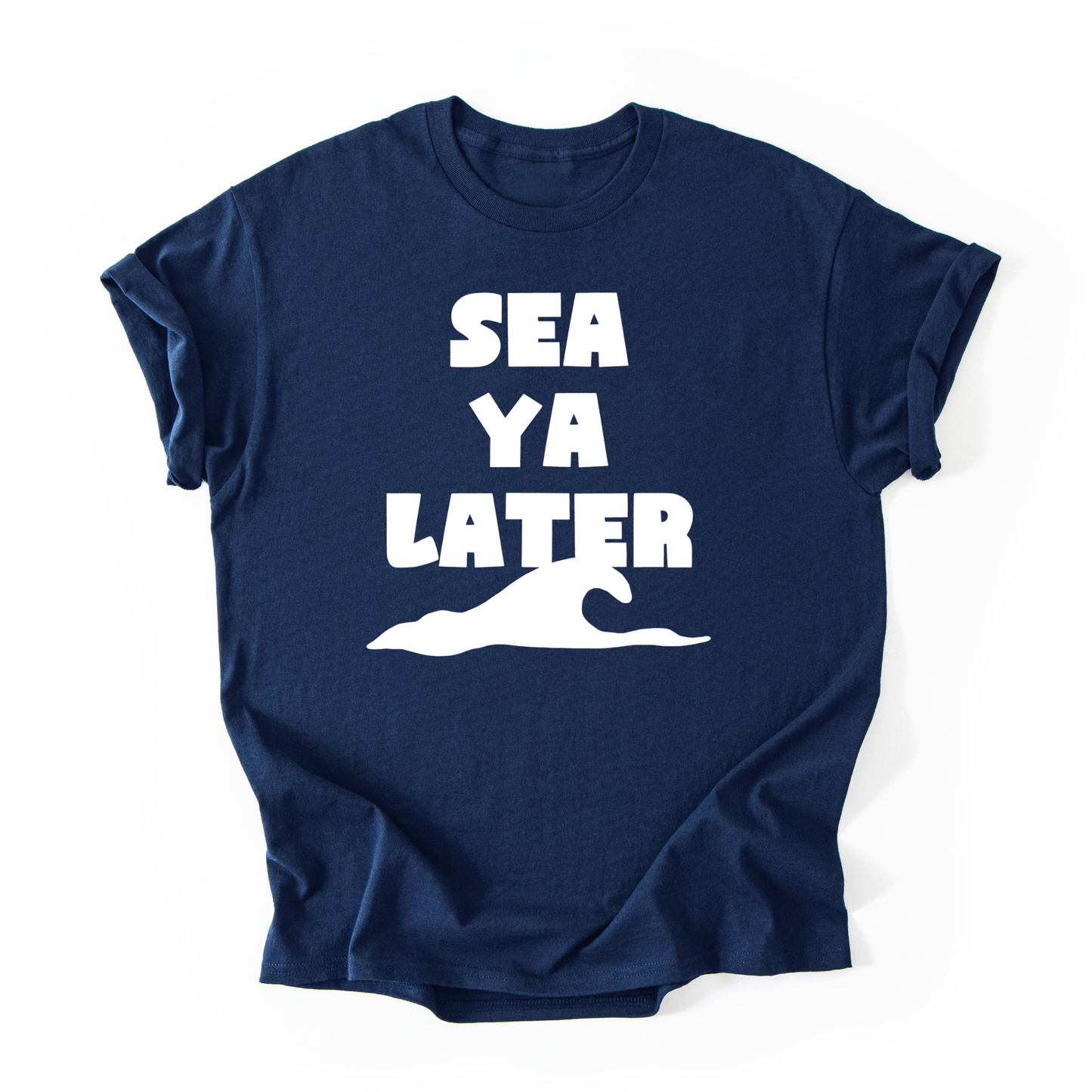 Navy blue t-shirt with 'SEA YA LATER' text and wave graphic on a white background