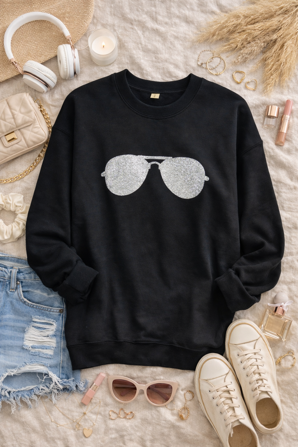 The Shady Sweatshirt – Black Pullover with Glitter Aviator Sunglasses Graphic for Bold Urban Style
