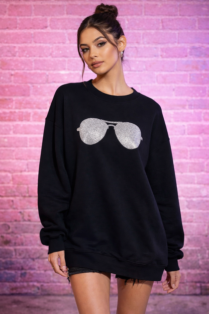 The Shady Sweatshirt – Black Pullover with Glitter Aviator Sunglasses Graphic for Bold Urban Style