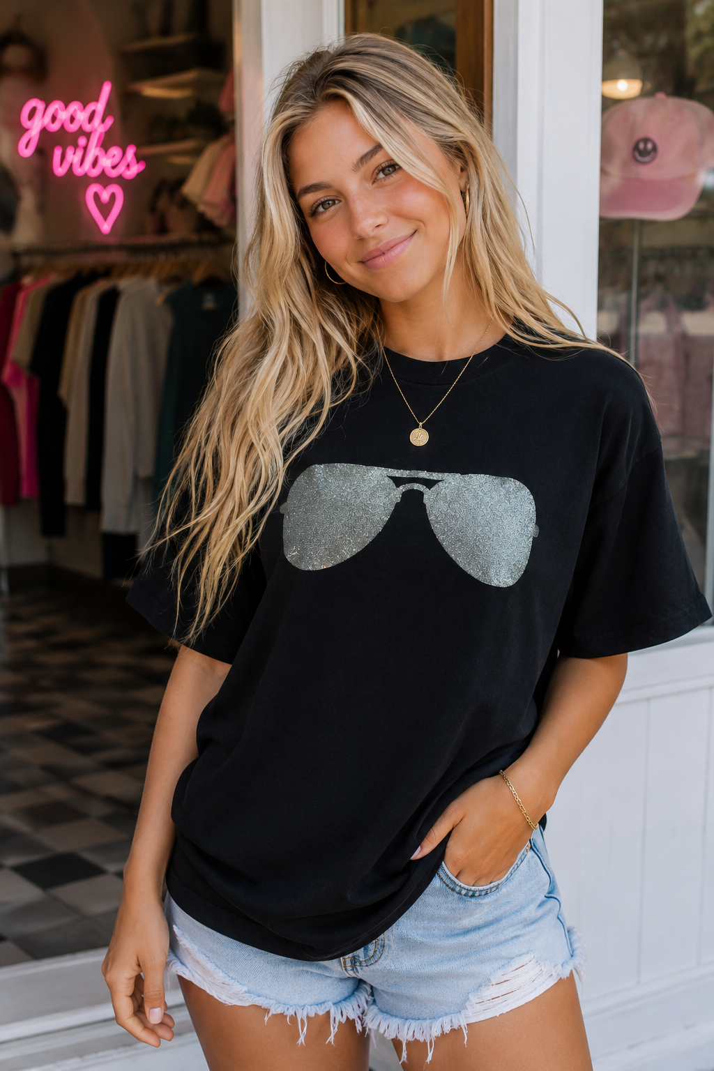 A woman wearing a black short-sleeve t-shirt with a silver glitter aviator glasses graphic on the front, paired with light-wash denim shorts, standing in front of a boutique storefront.