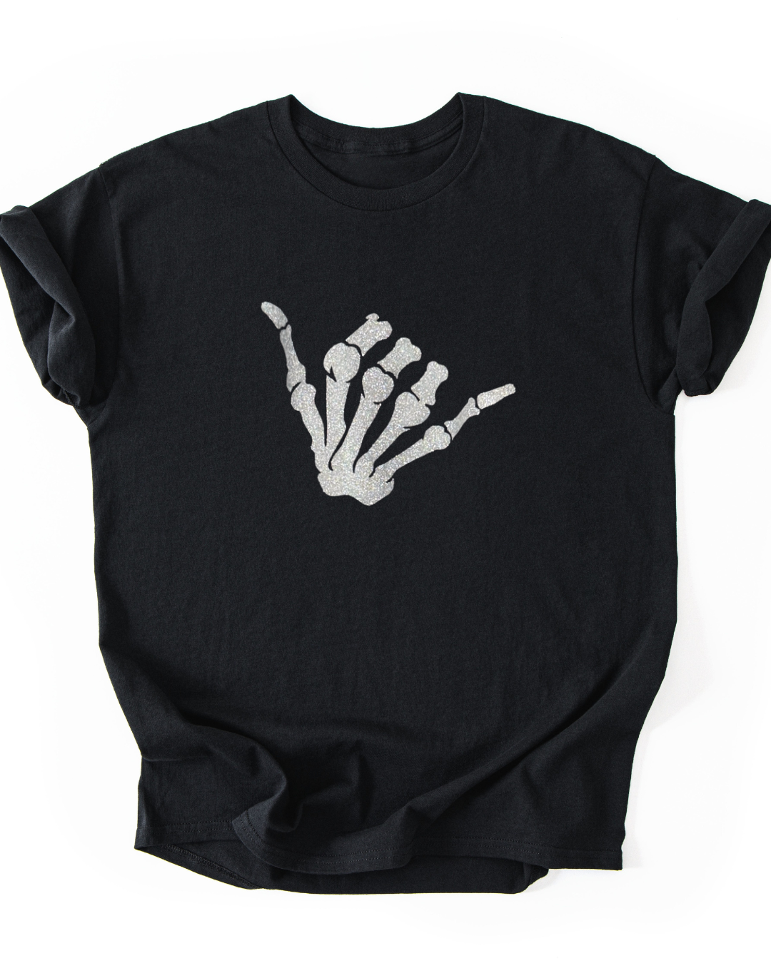 Black t-shirt with a skeleton hand sign on a white background