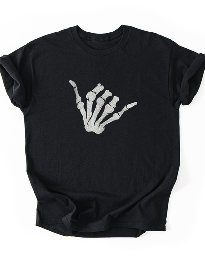 Black t-shirt with a skeleton hand sign on a white background