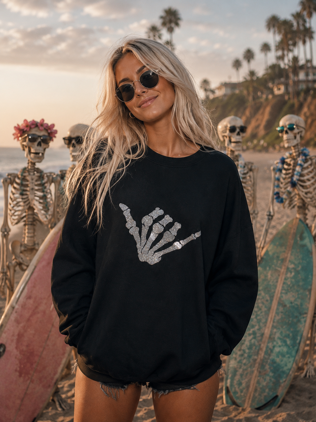 Model wearing a black sweatshirt with a glitter skeleton hand shaka 