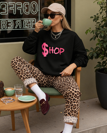 The Shop Sweatshirt – Black Pullover with Bold “$hop” Graphic for Street Style & Retail Vibes